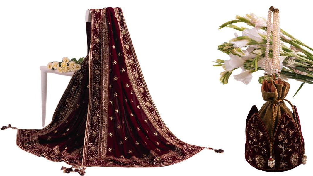 Elevate Your Wedding Look with Velvet Embroidered Shawls and Potli Bags