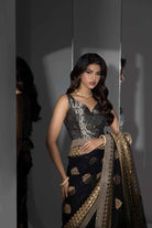 Black Embroidered Net Saree With Jamawar Blouse