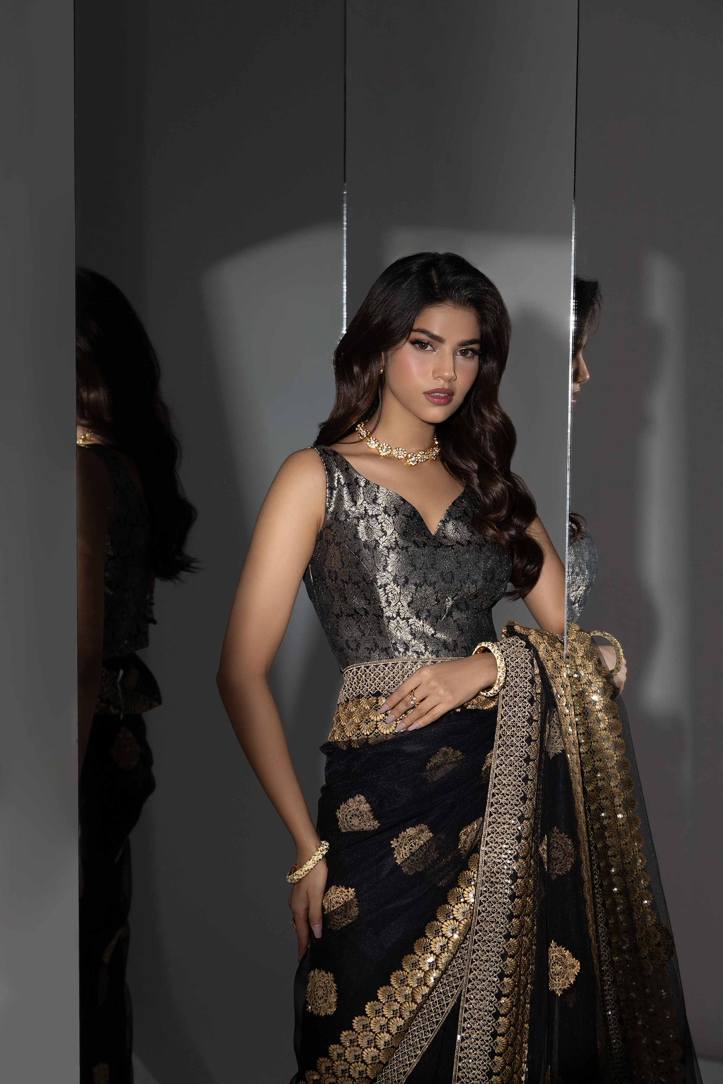 Black Embroidered Net Saree With Jamawar Blouse