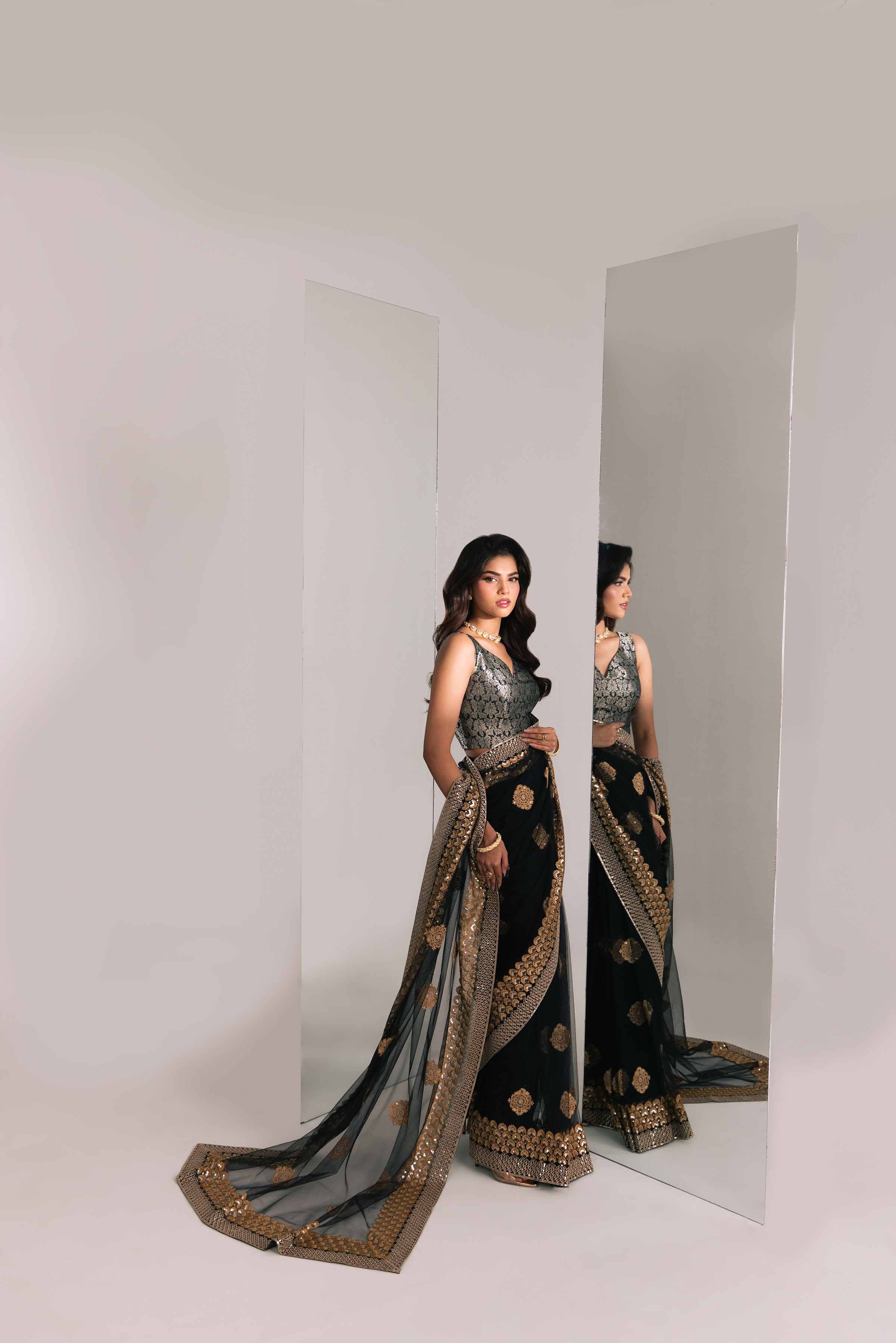 Black Embroidered Net Saree With Jamawar Blouse