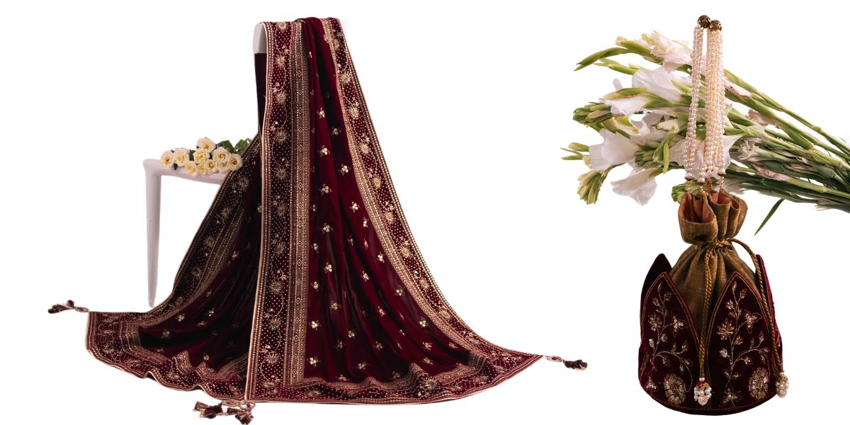 Elevate Your Wedding Look with Velvet Embroidered Shawls and Potli Bags