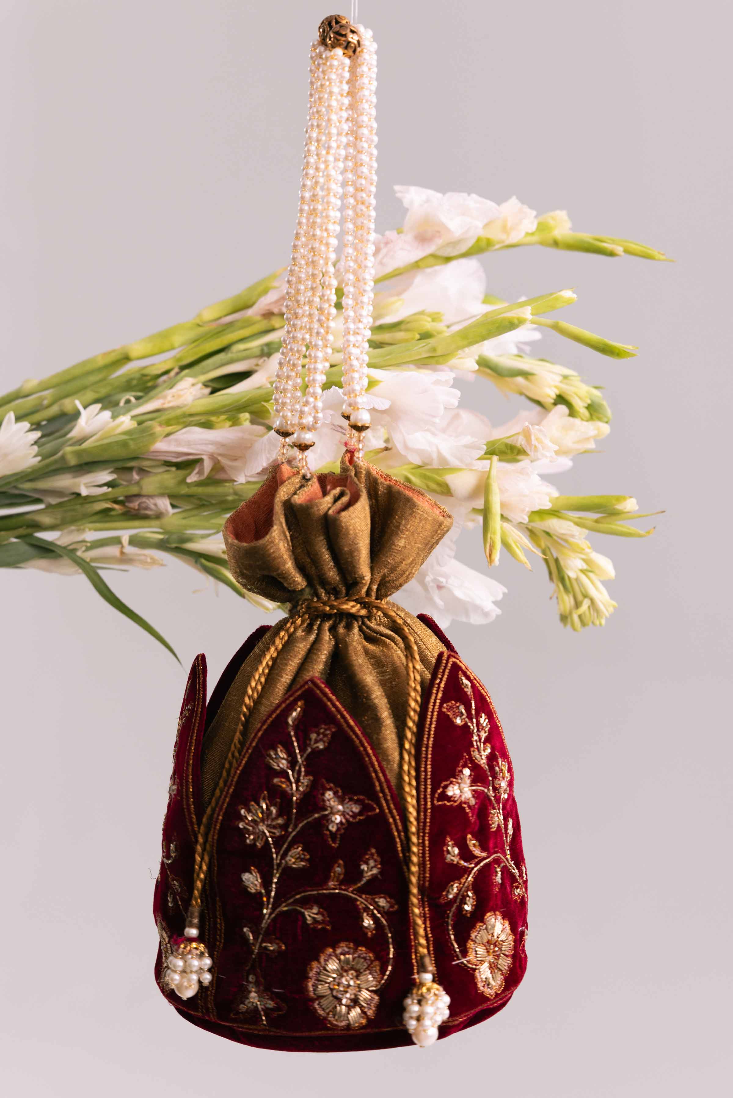 Velvet Maroon Embroidered Pouch