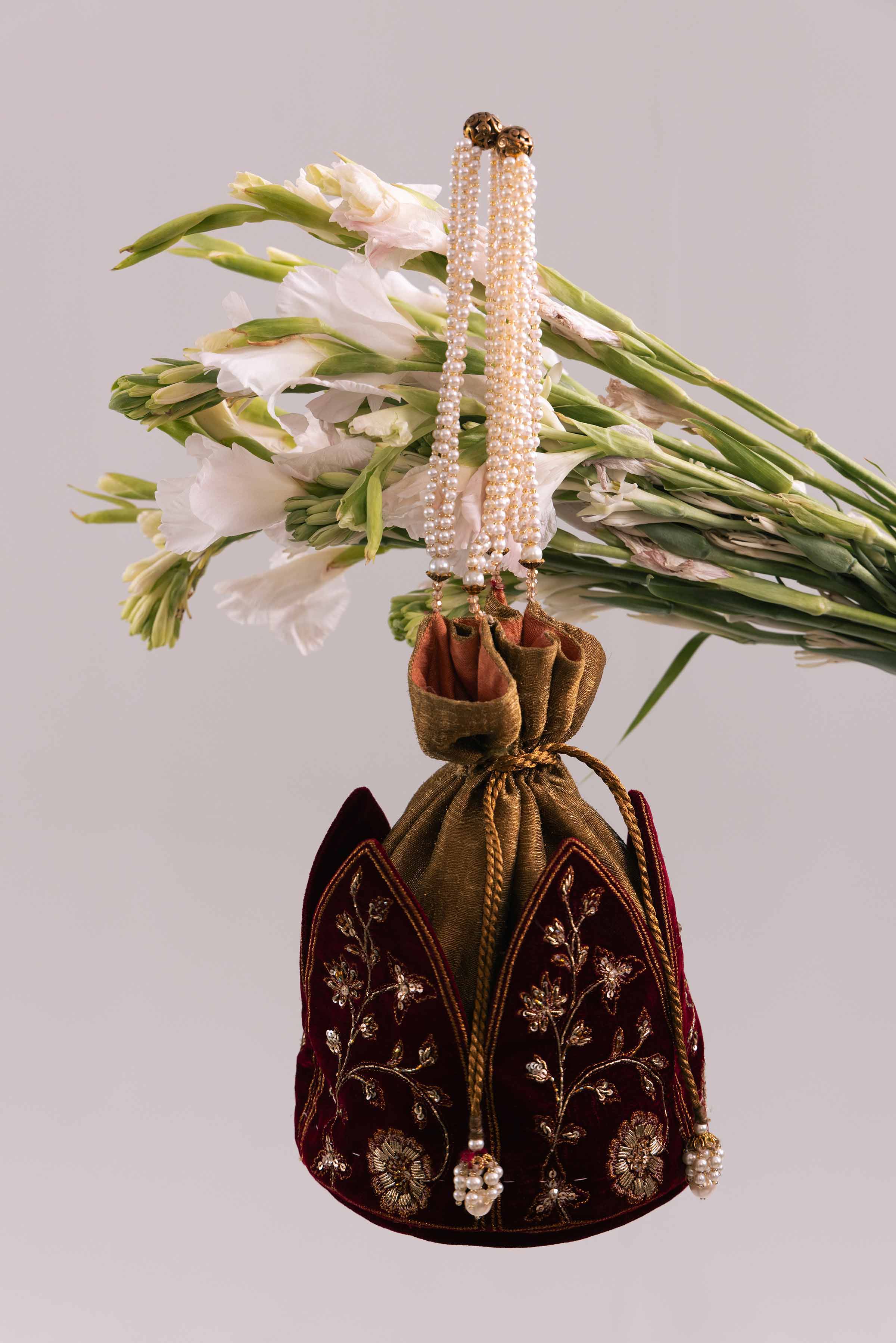 Velvet Maroon Embroidered Pouch