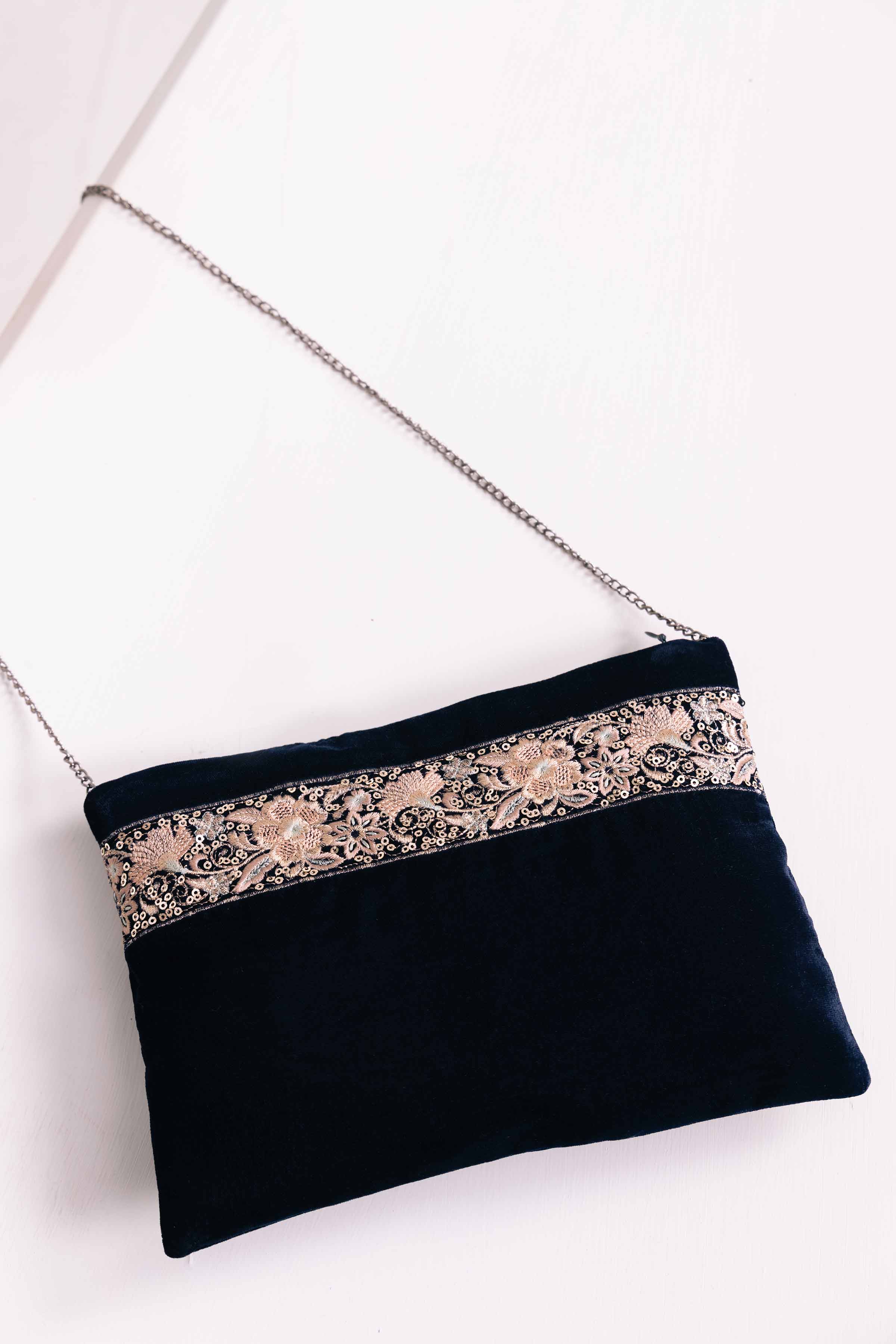 Velvet Blue Embroidered Pouch