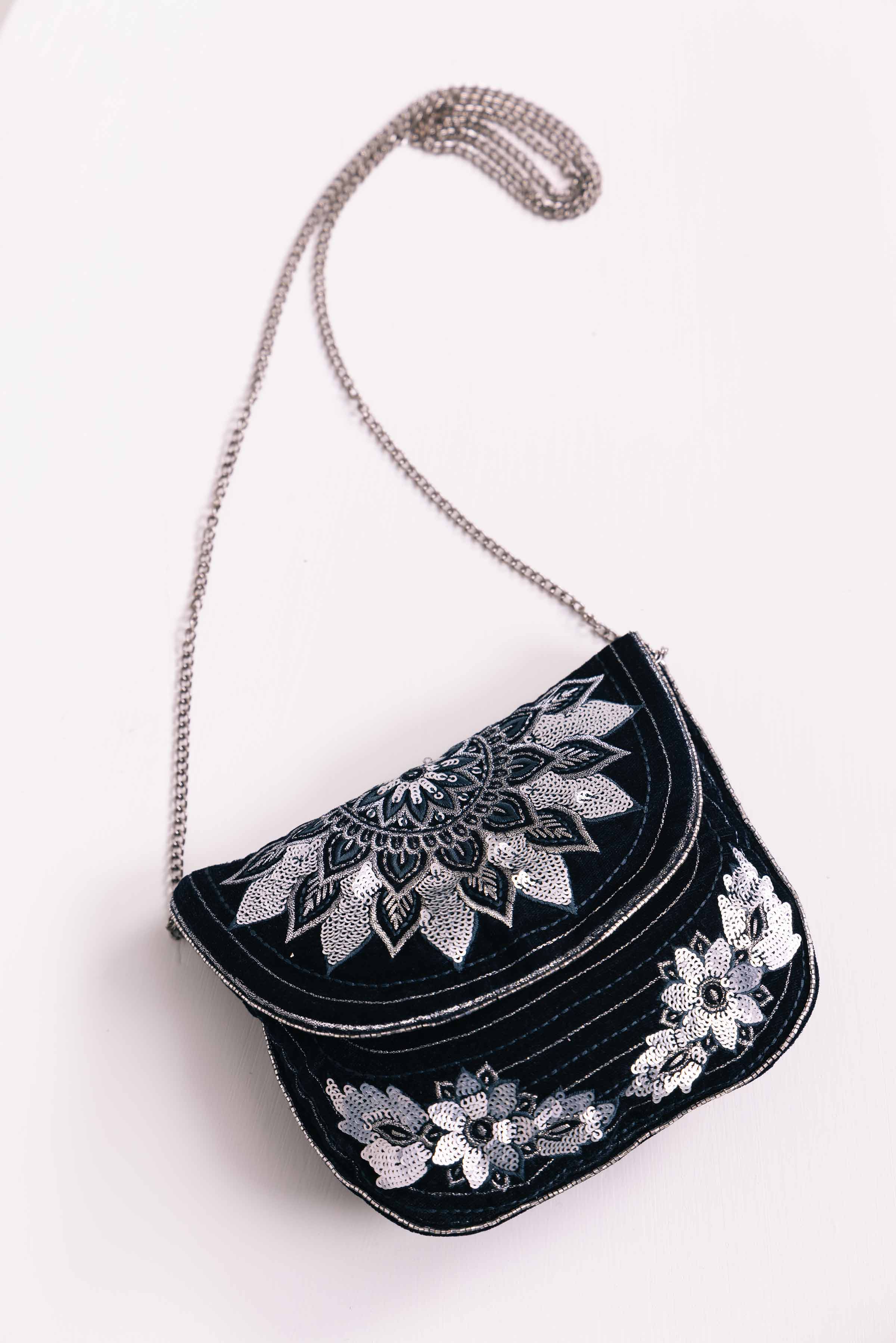 Velvet Black Embroidered Pouch