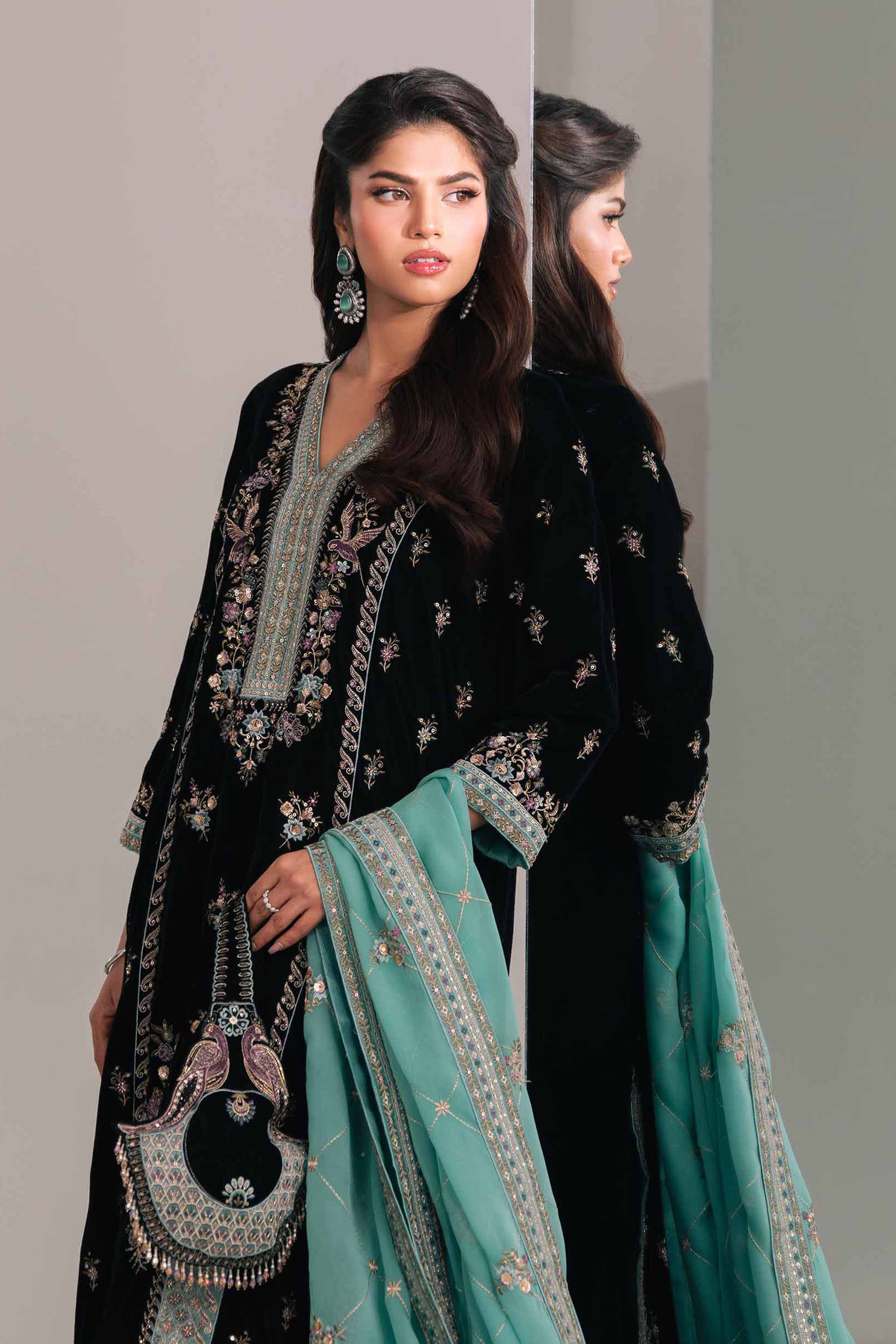 Black Velvet Shirt With Georgette Dupatta & Culottes 