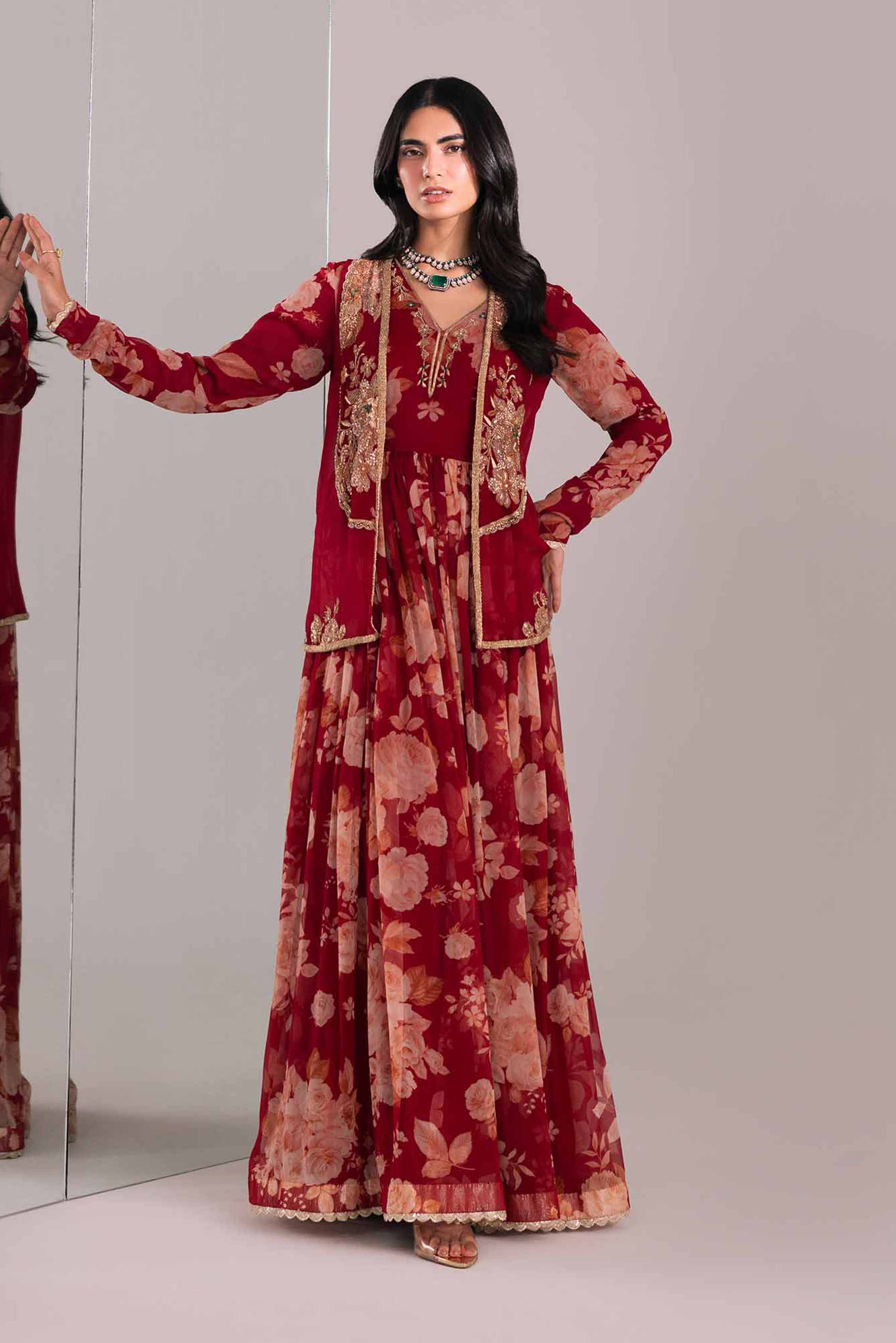 Silk & Chiffon Maroon Dress & Jacket