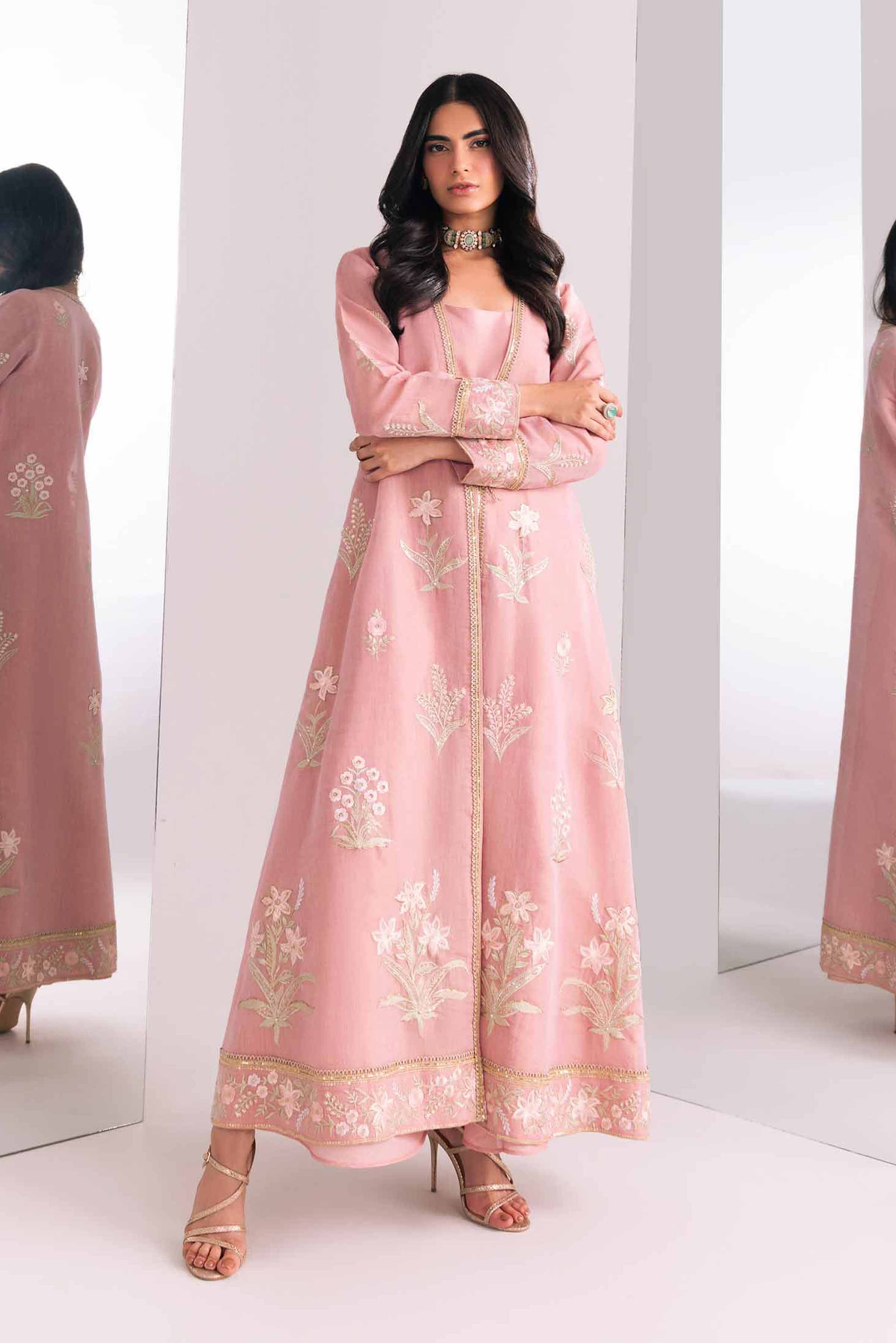 Pink Embroidered Maysuri Jacket With Maysuri & Chiffon Long Dress