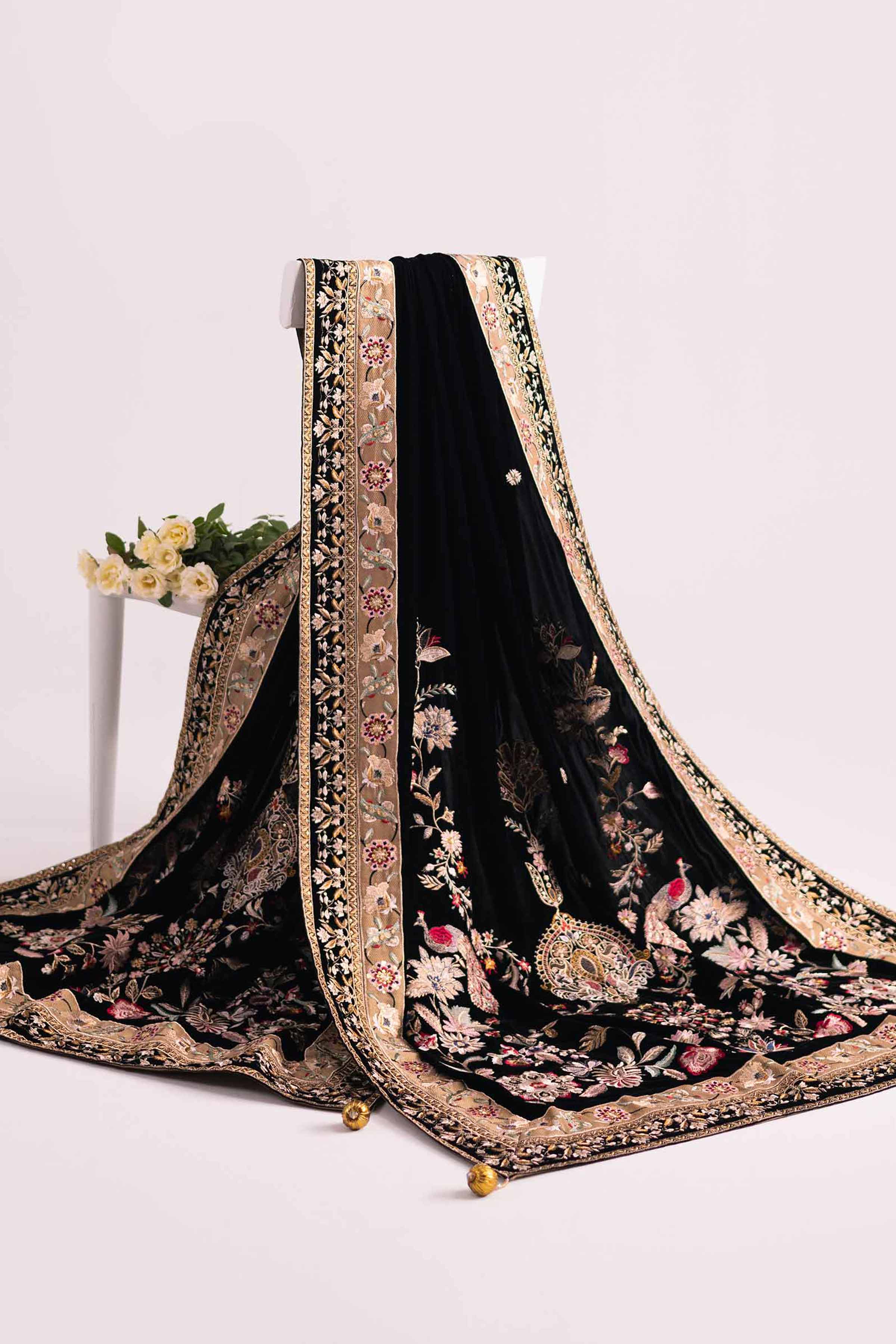 Velvet Black Embroidered Shawl