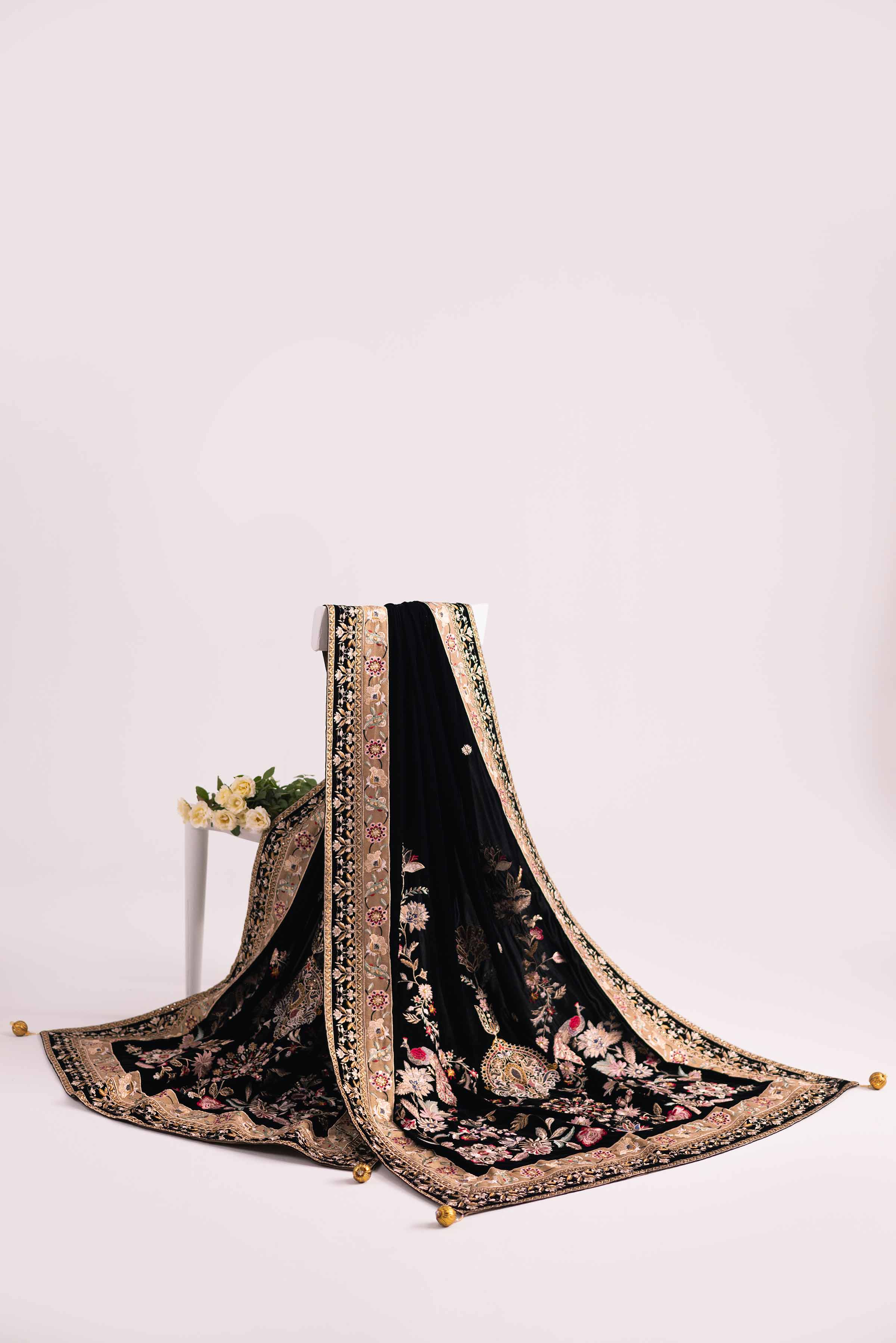 Velvet Black Embroidered Shawl