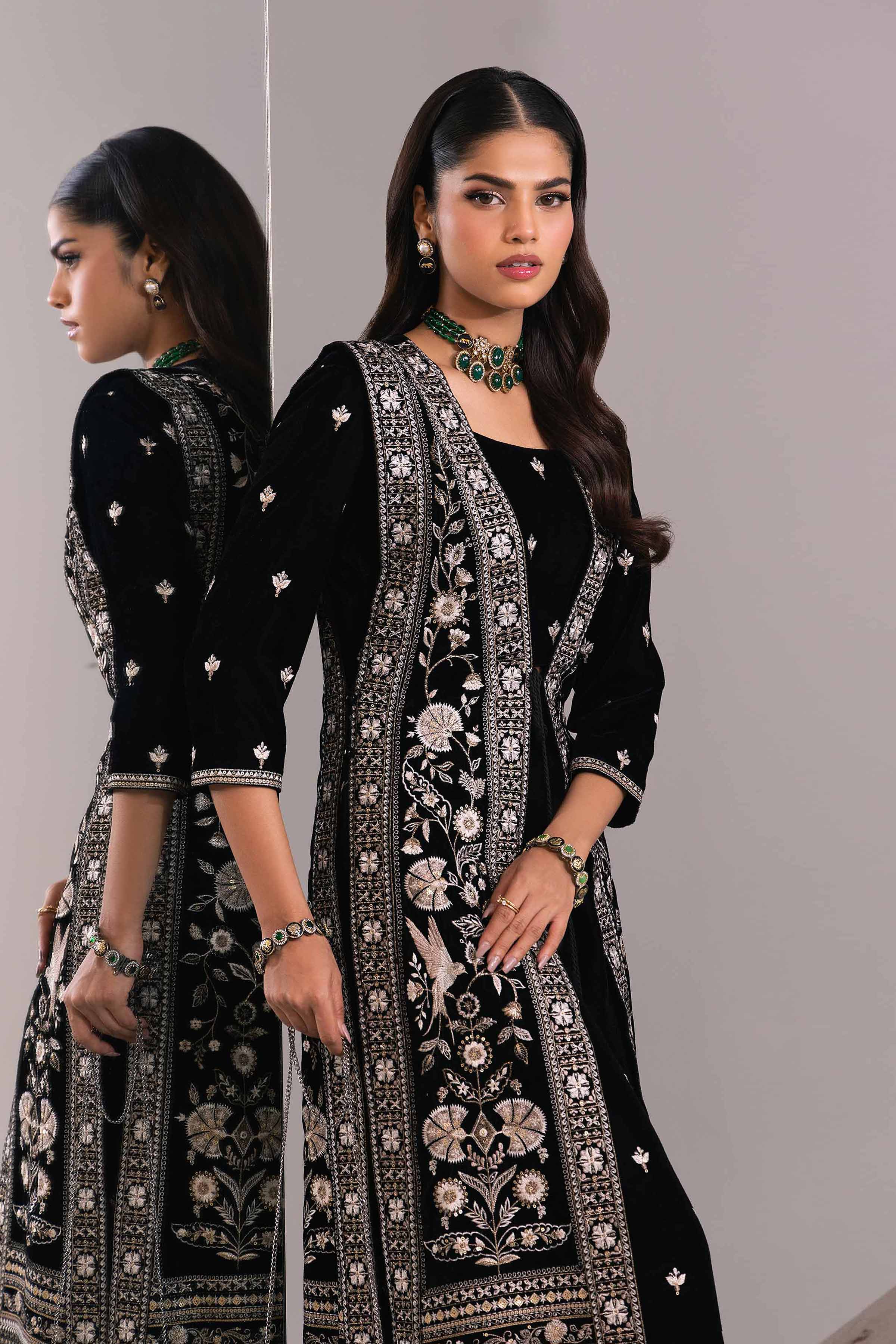 Black Velvet Embroidered Blouse With Jacket & Trousers