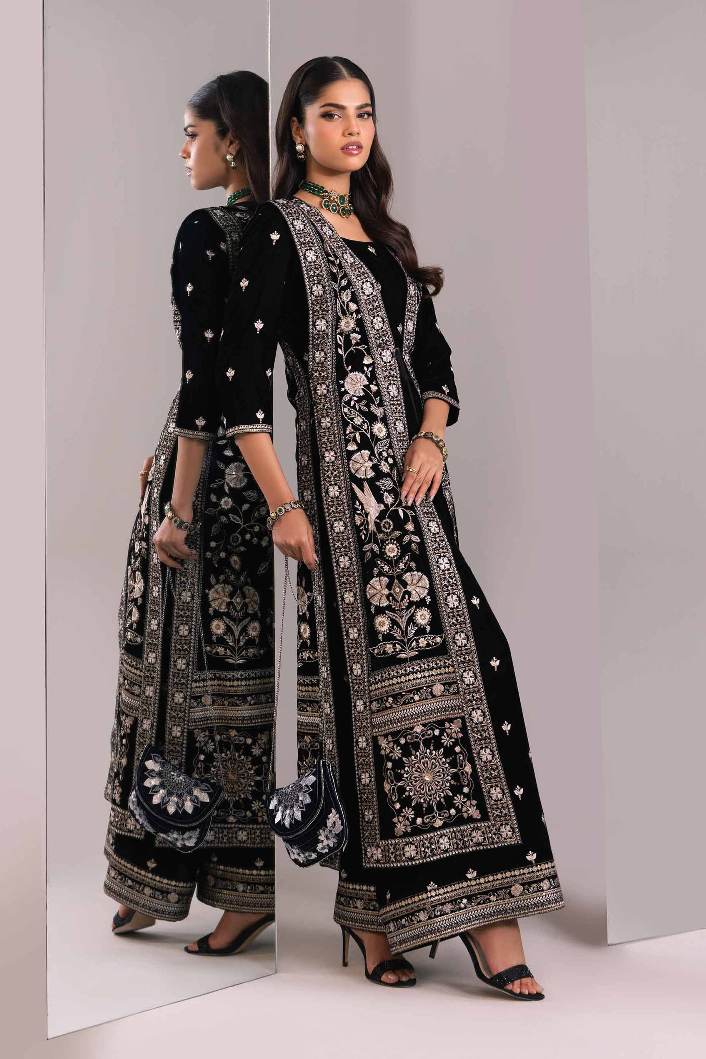 Black Velvet Embroidered Blouse With Jacket & Trousers