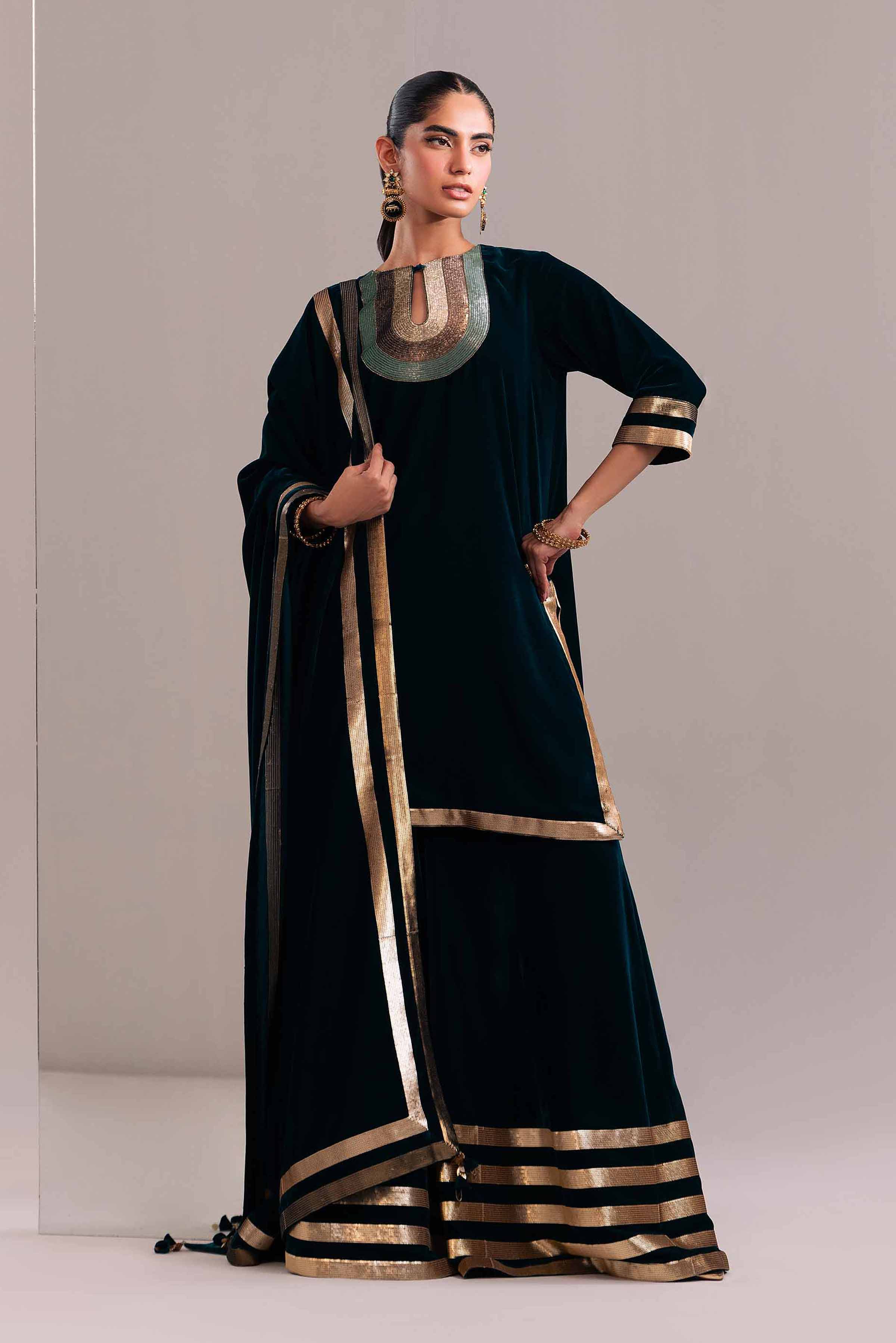 Teal Velvet Kurti With Dupatta & Sharara