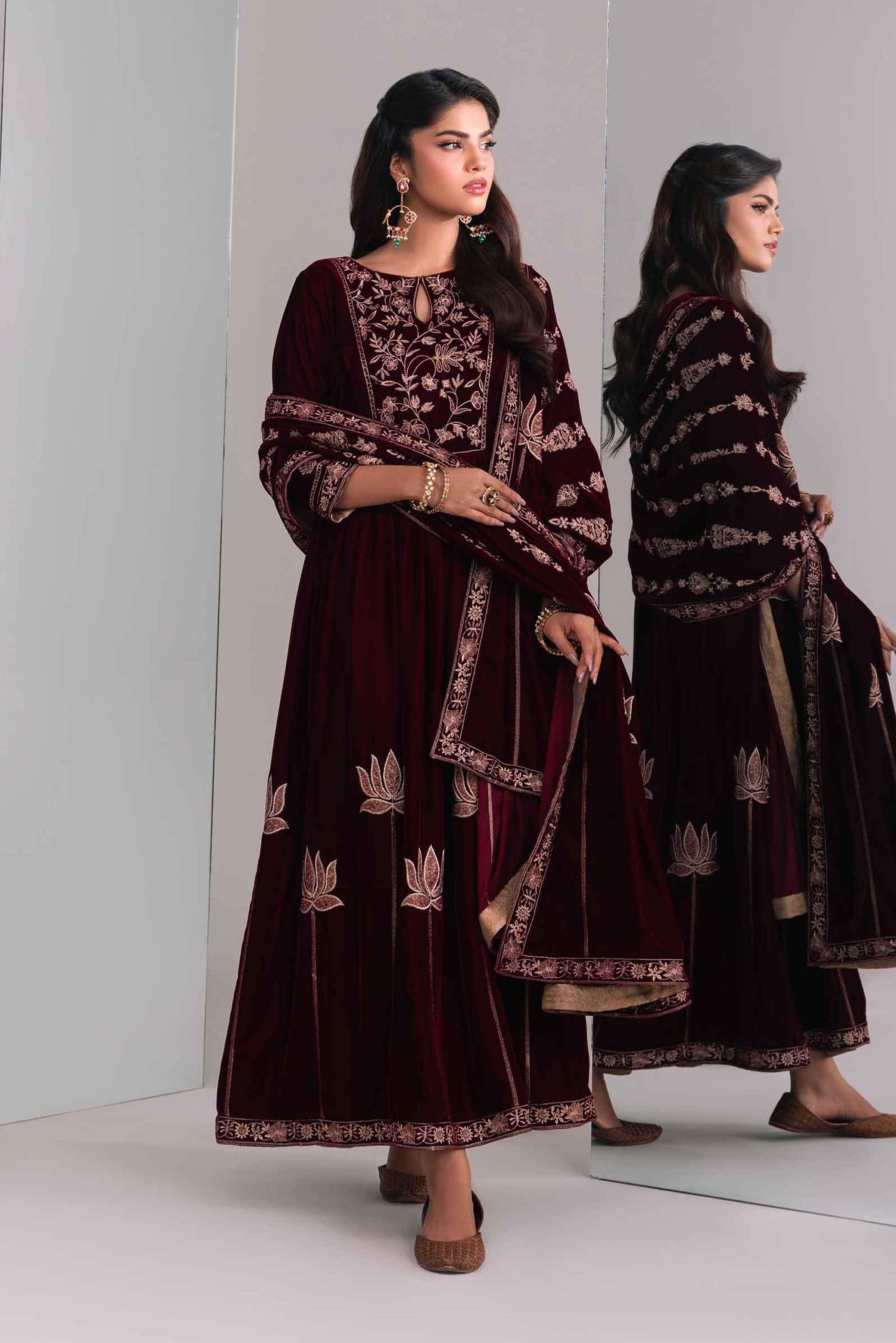 Velvet Maroon Dress & Embroidered Shawl