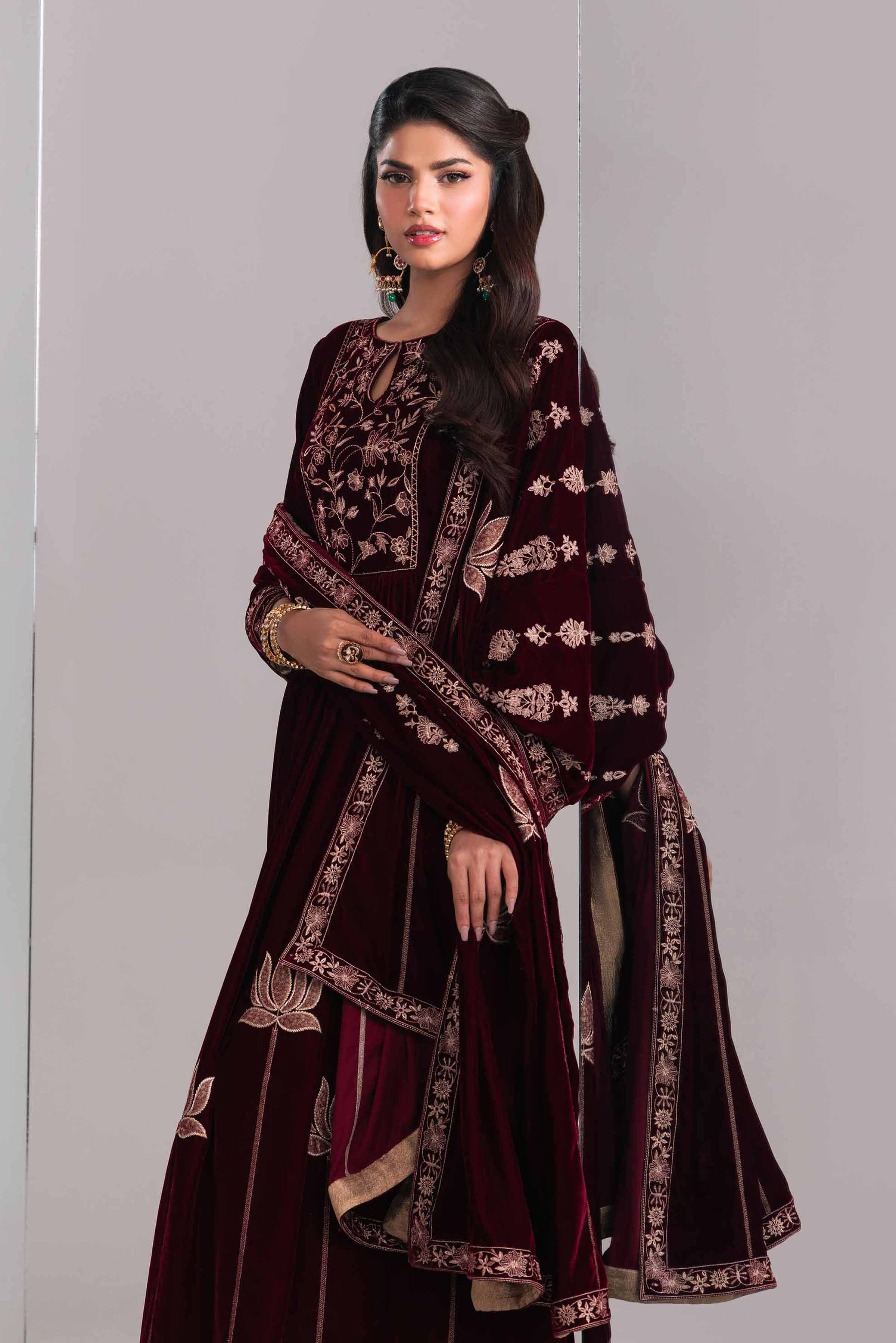 Velvet Maroon Dress & Embroidered Shawl