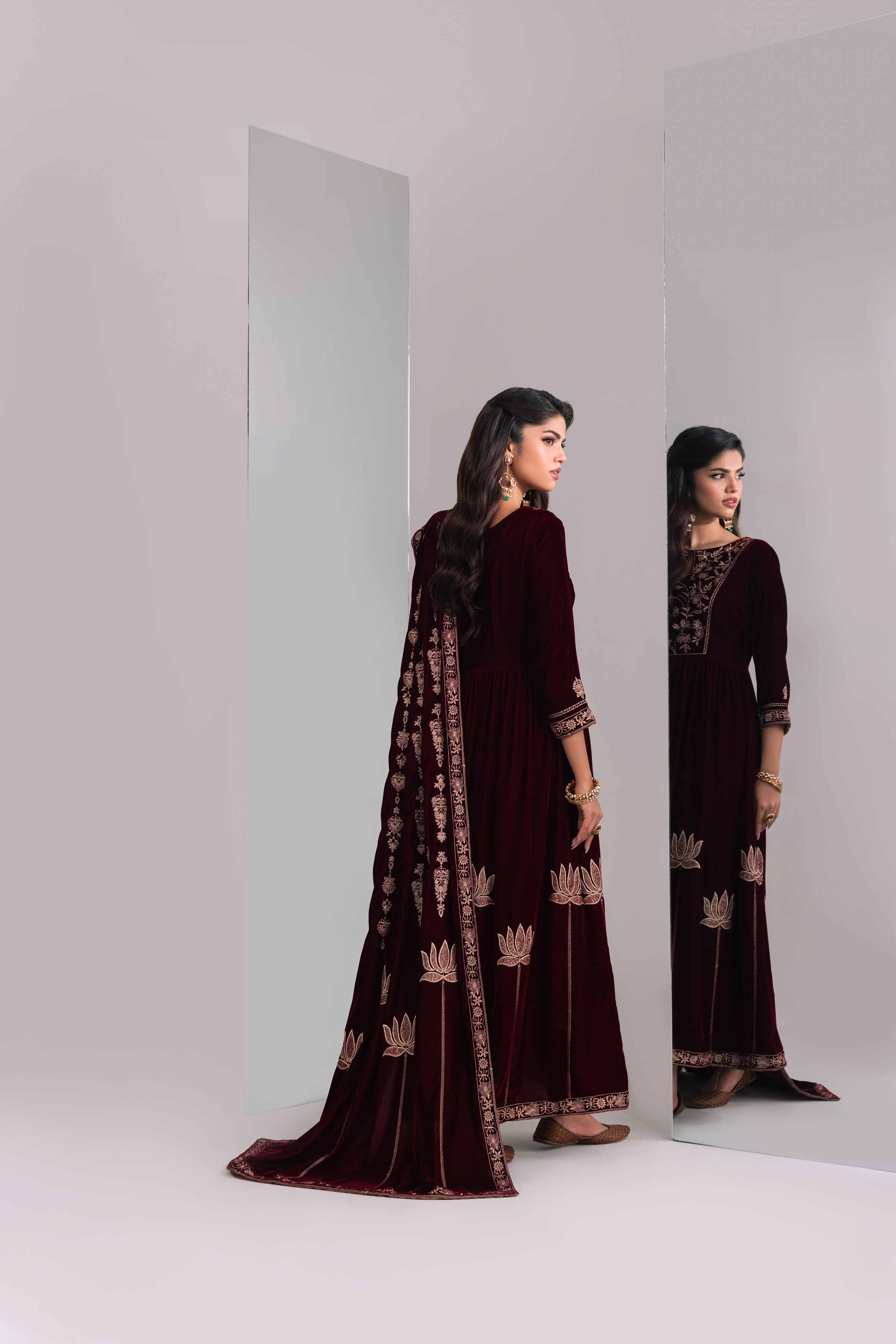 Velvet Maroon Dress & Embroidered Shawl