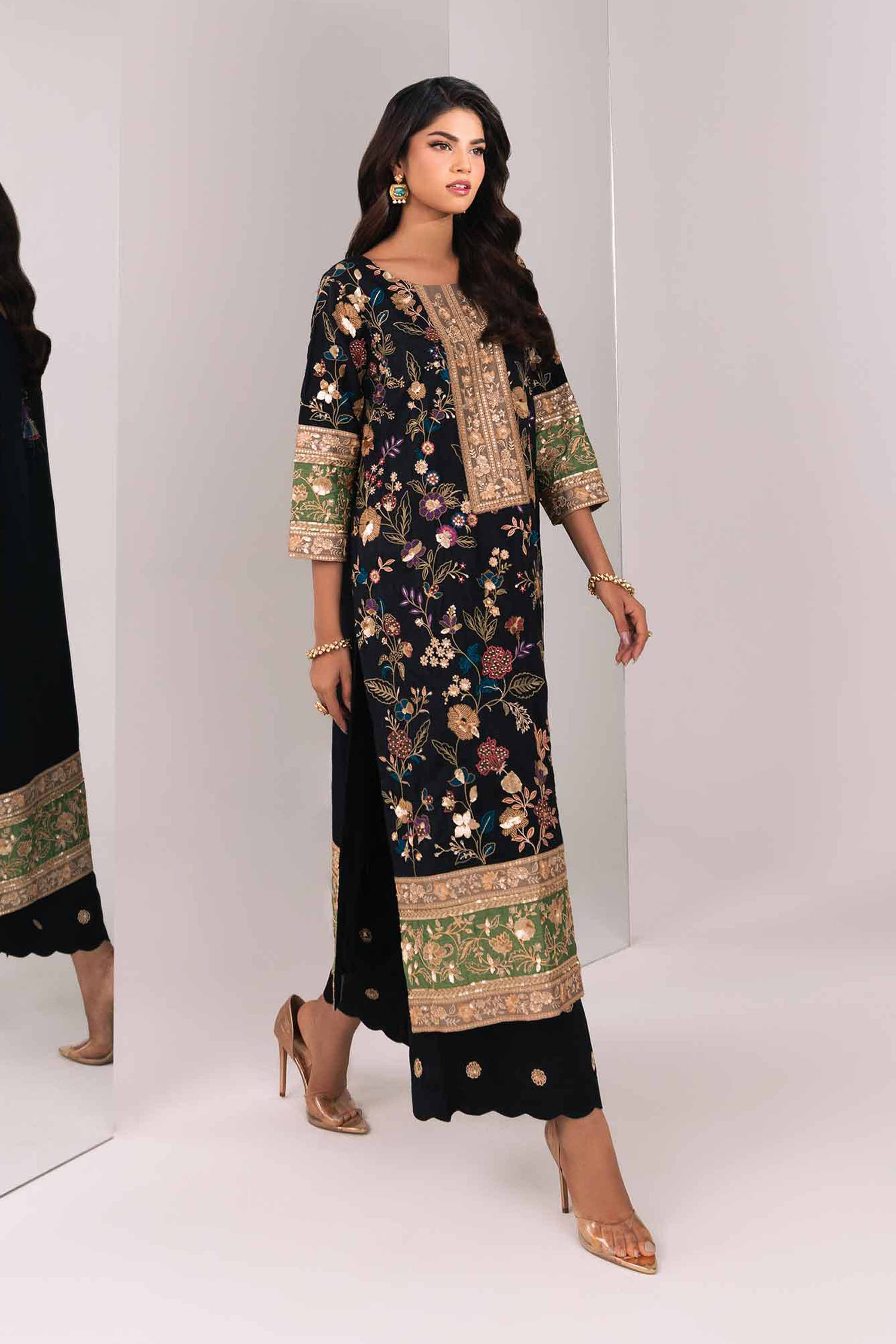 Black Silk Long Embellished Shirt With Embroidered Culottes