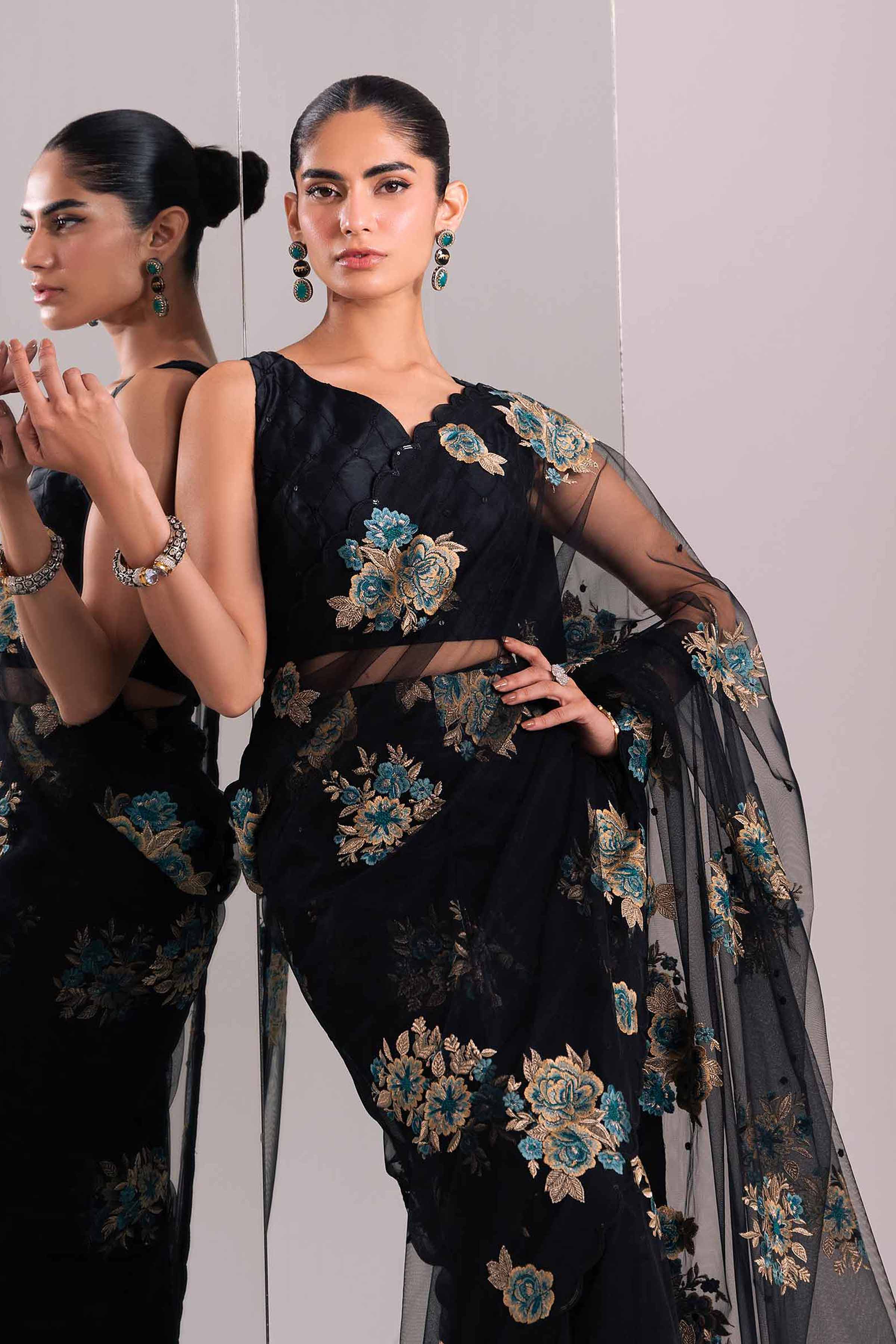 Black Net Saree Set