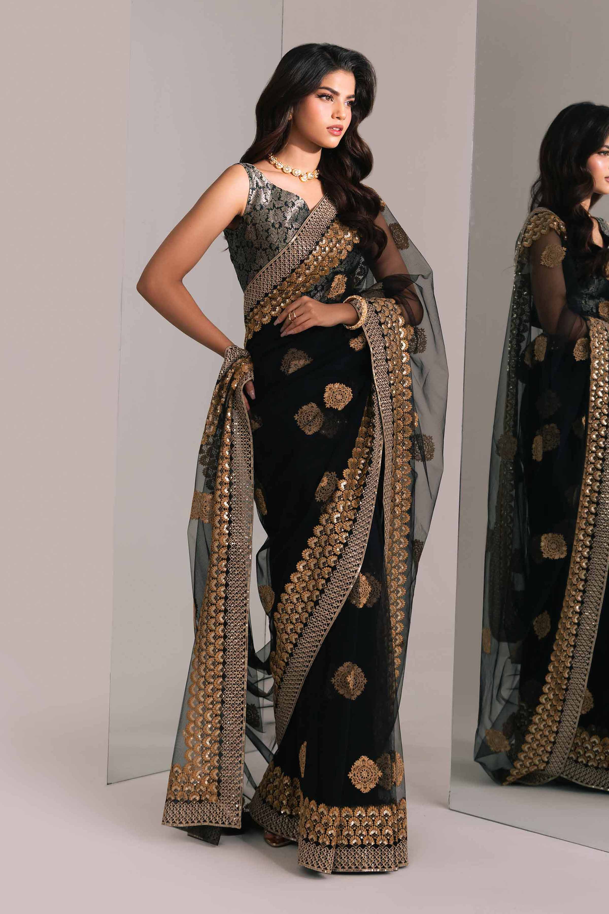 Black Embroidered Net Saree With Jamawar Blouse 