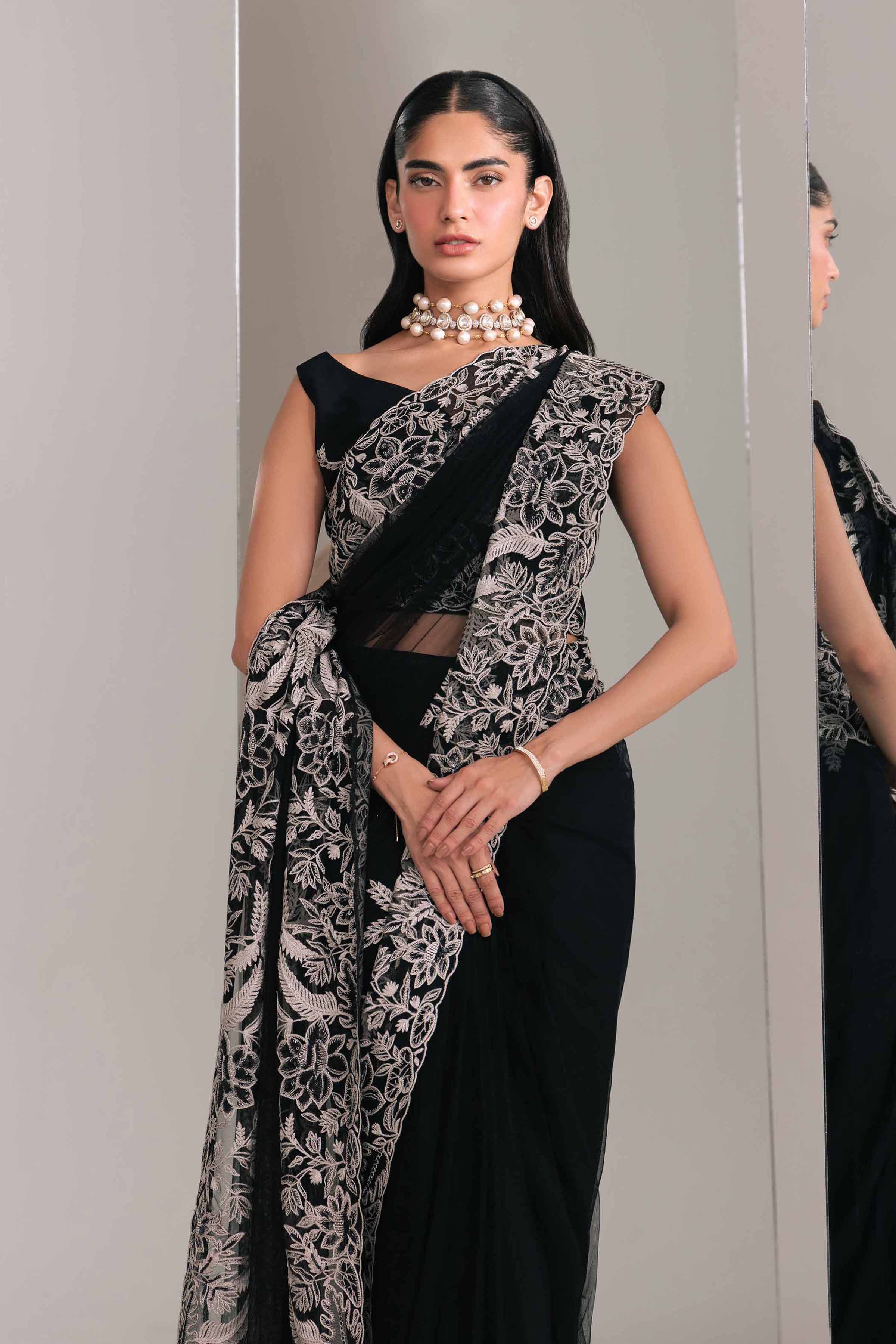 Embellished Net & Silk Black Saree With Blouse