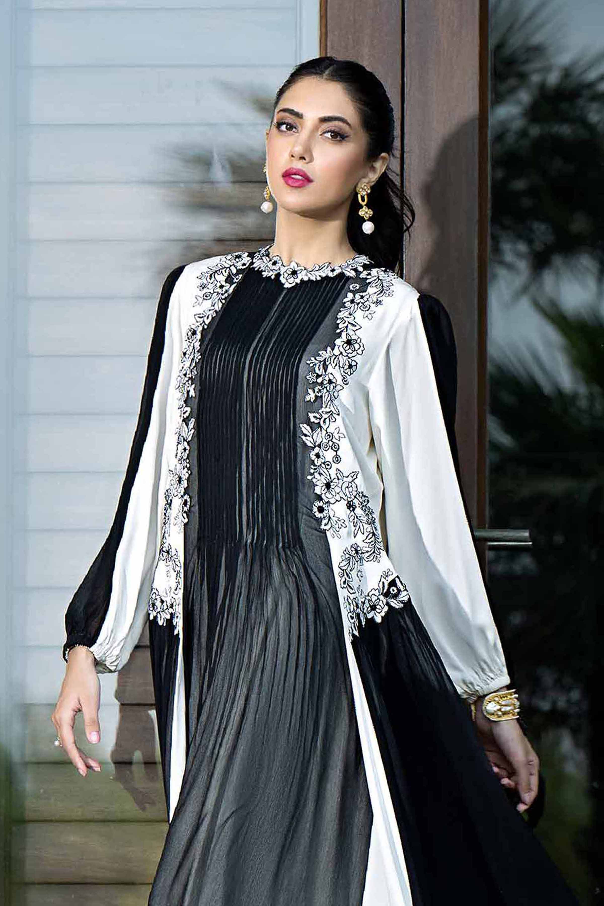 Black & White Crinkle Chiffon Embroidered Dress