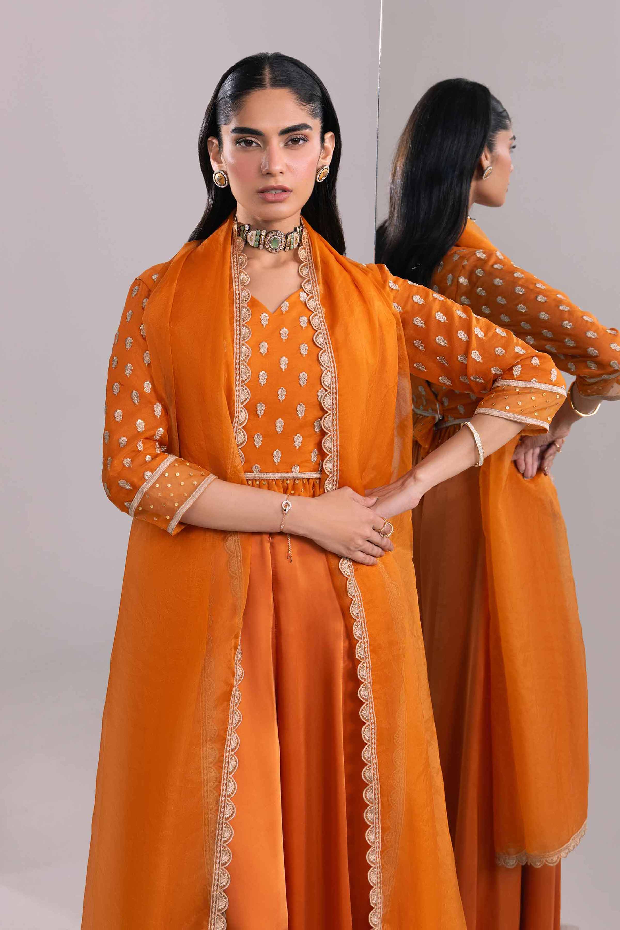 Orange Embroidered Organza Blouse with Dupatta Chiffon Sharara