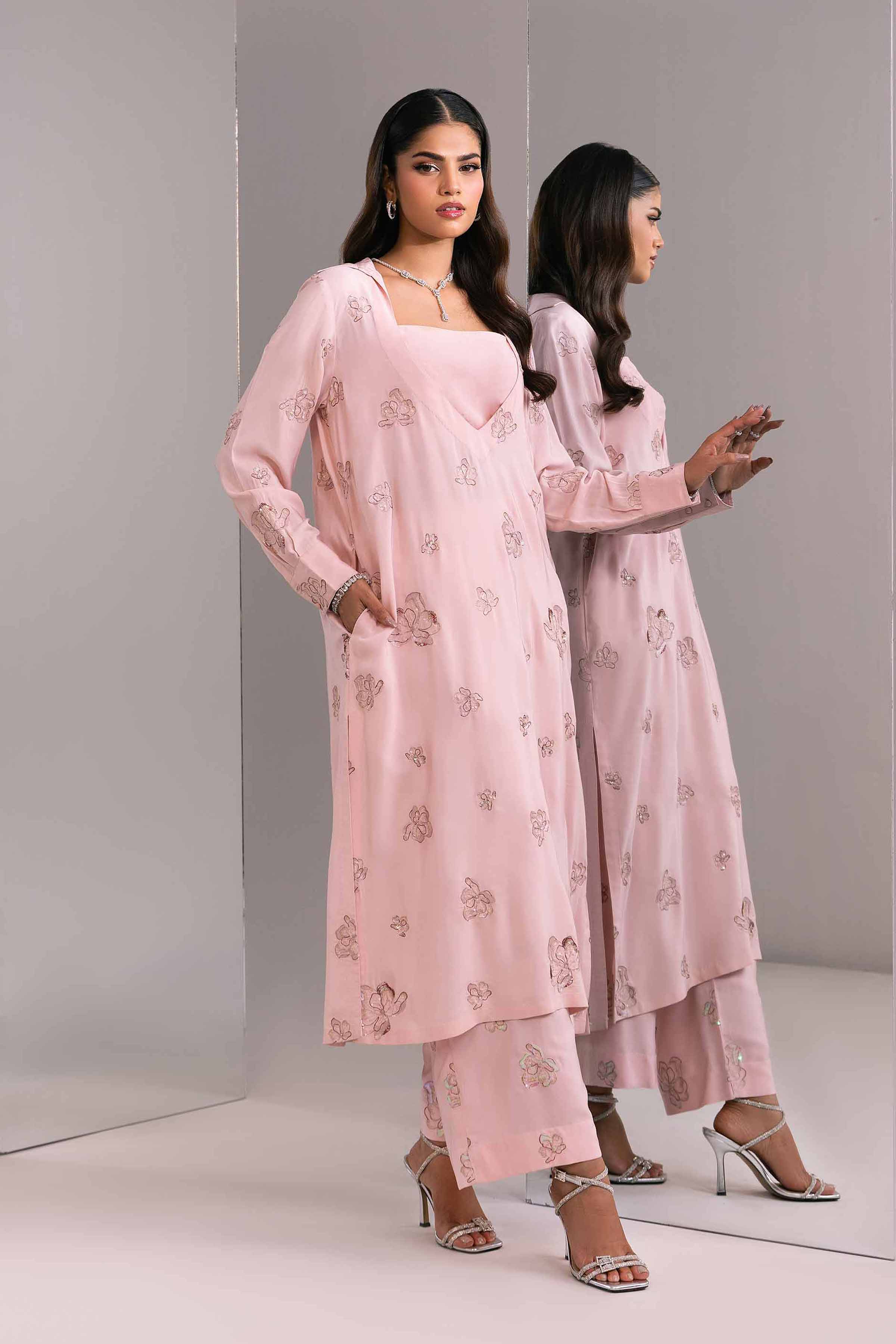 Rayan Silk Pink Embroidered Shirt With Voile Slip & Culottes