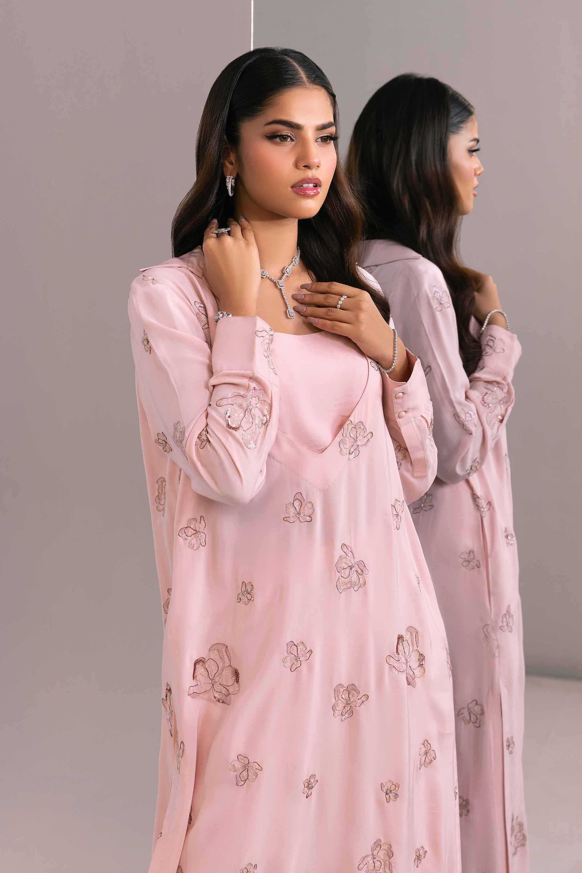 Rayan Silk Pink Embroidered Shirt With Voile Slip & Culottes