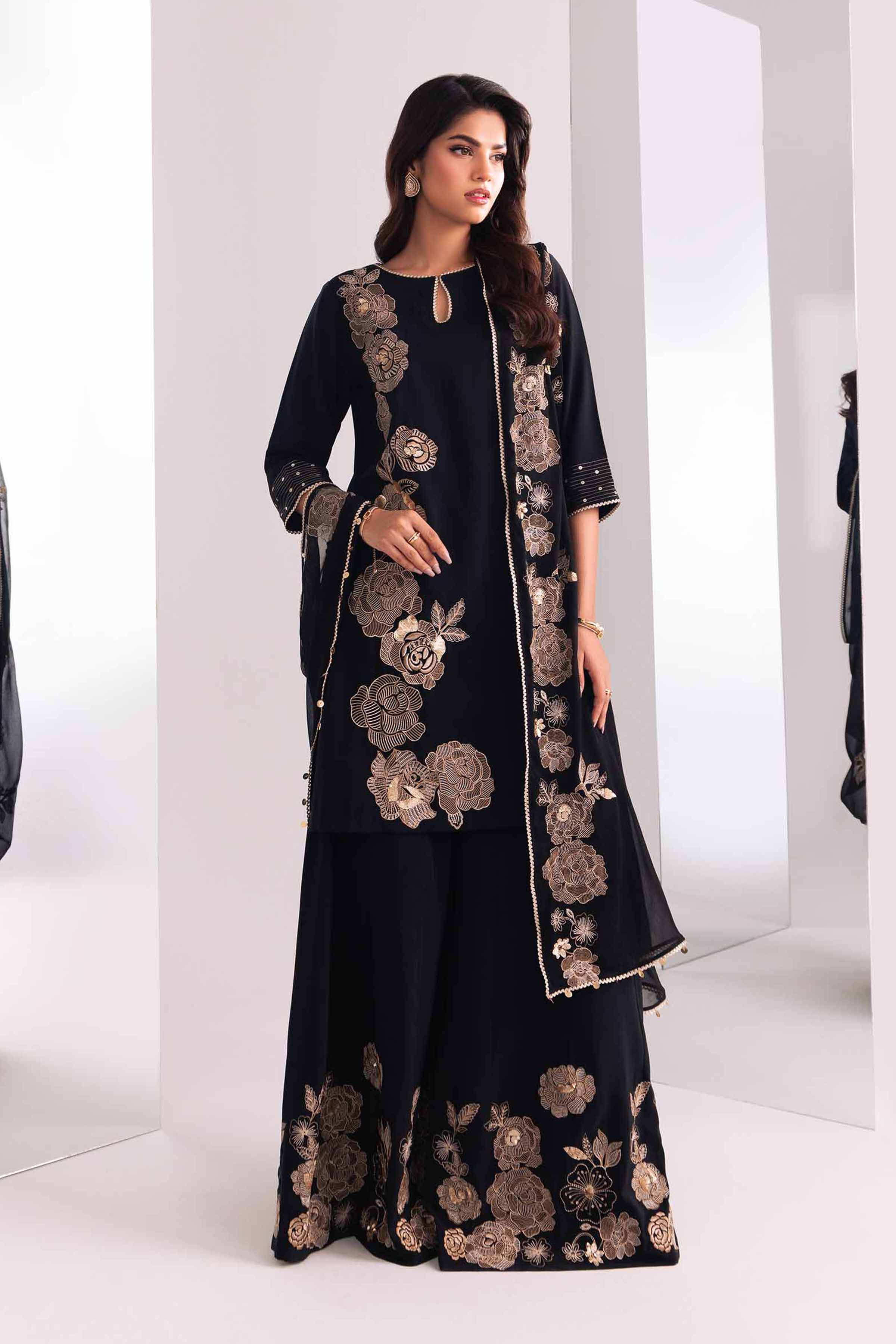 Black Silk Embroidered Shirt with Dupatta & Palazzo